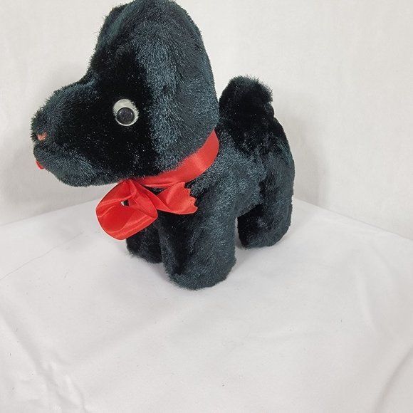 Vintage Black Dog Plush No Tags 8" Stuffed Animal Toy Red Bow Googly Eyes - Picture 3 of 7